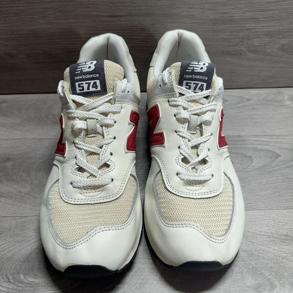 New Balance 574 Sea Salt Navy White Red Leather Shoes Sneakers Men's Size 10.5 D